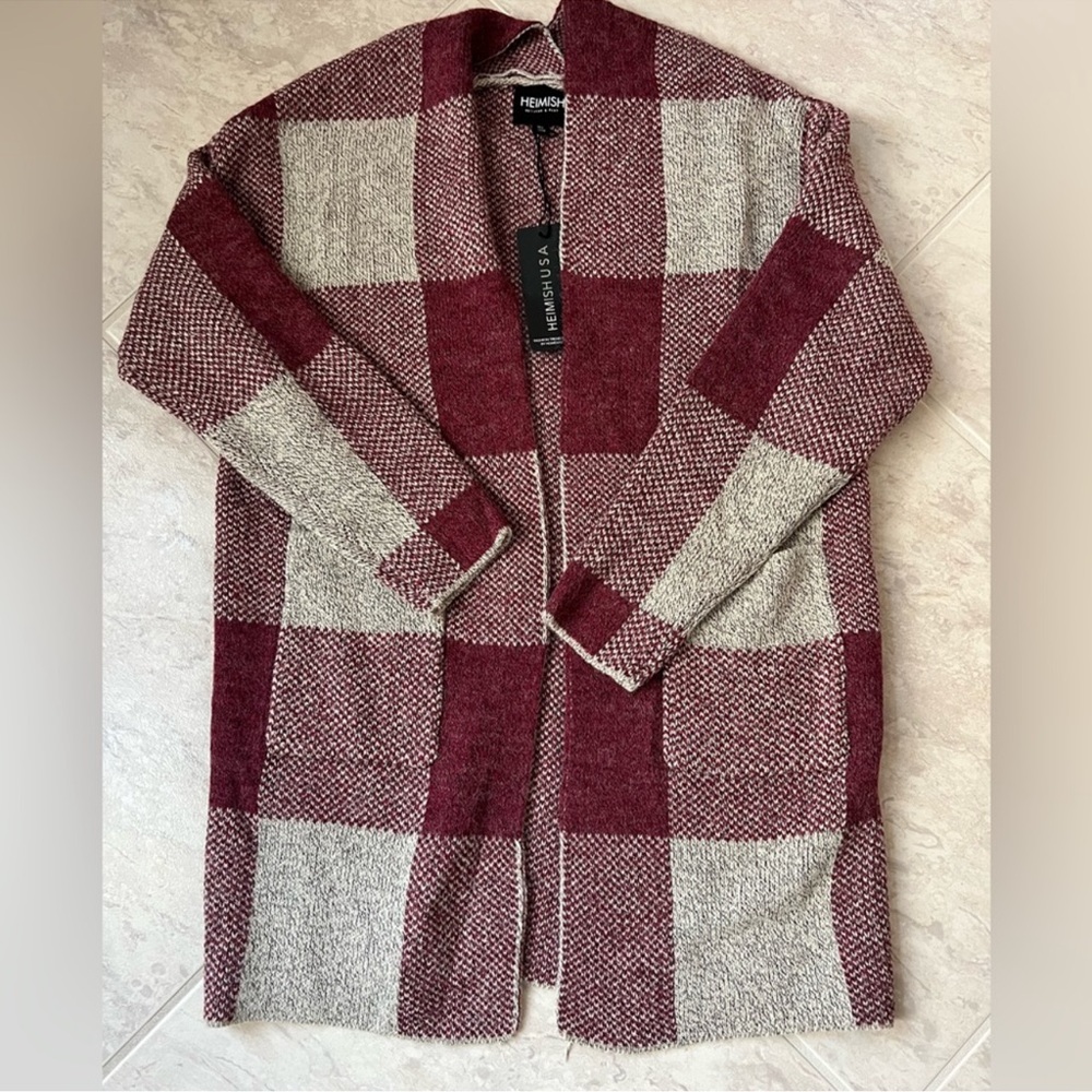 HEIMISH USA Burgundy Checkered Cardigan